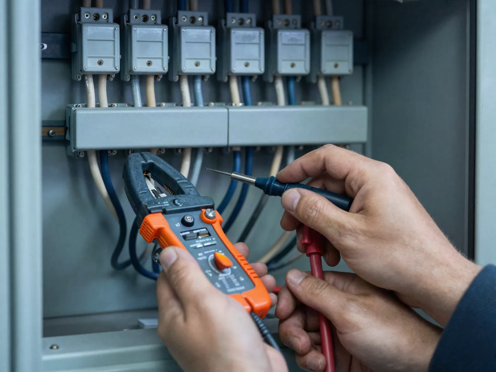 Pens ampermetre ile elektrik panosunda akım ölçümü, temsili görsel