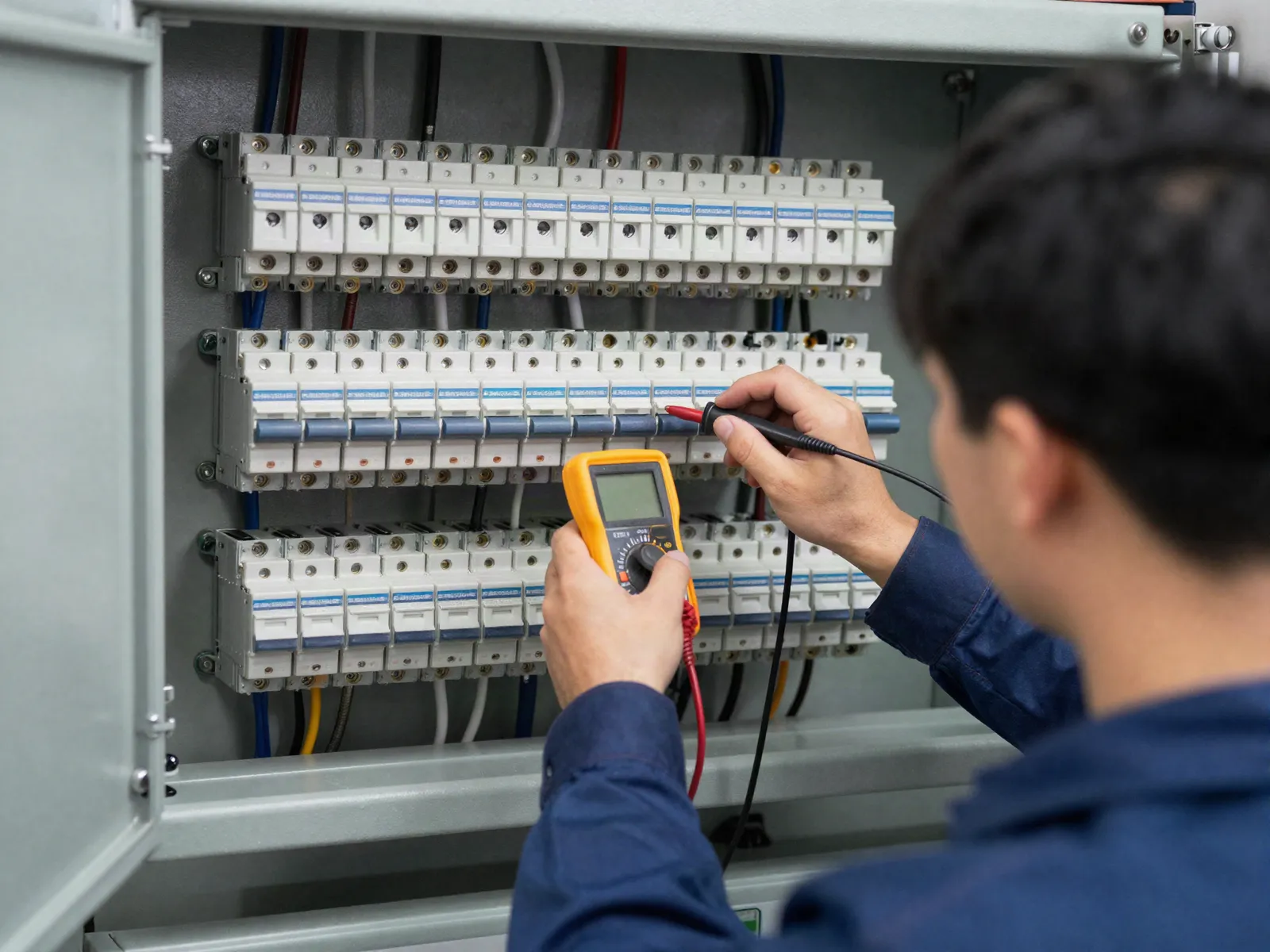 Transfer panosunda ölçüm yapan elektrik teknisyeni, temsili görsel